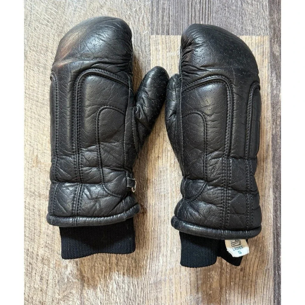 Vintage Conroy Leather Mittens Womens Small Black Insulated Winter Gloves